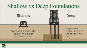 Illustration comparing shallow foundations and deep foundations used to support structures in different soil conditions.