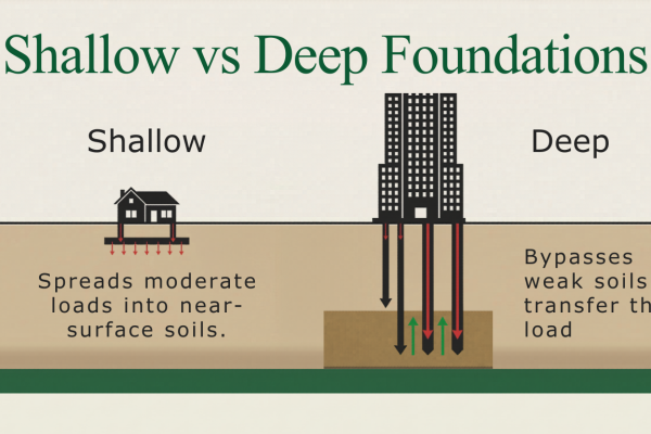 Illustration comparing shallow foundations and deep foundations used to support structures in different soil conditions.