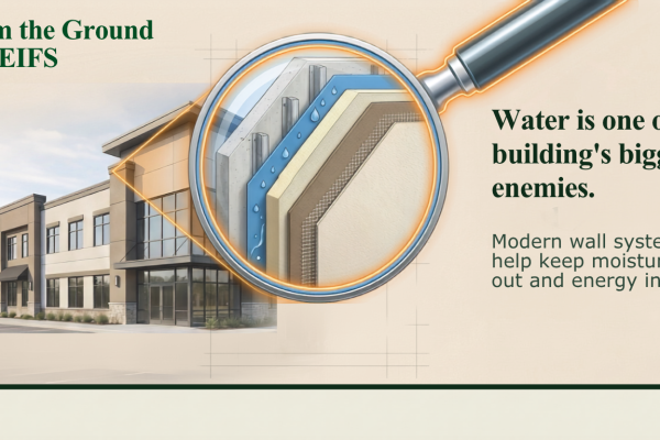 Illustration of an EIFS wall system showing layered moisture protection and insulation behind a building exterior.