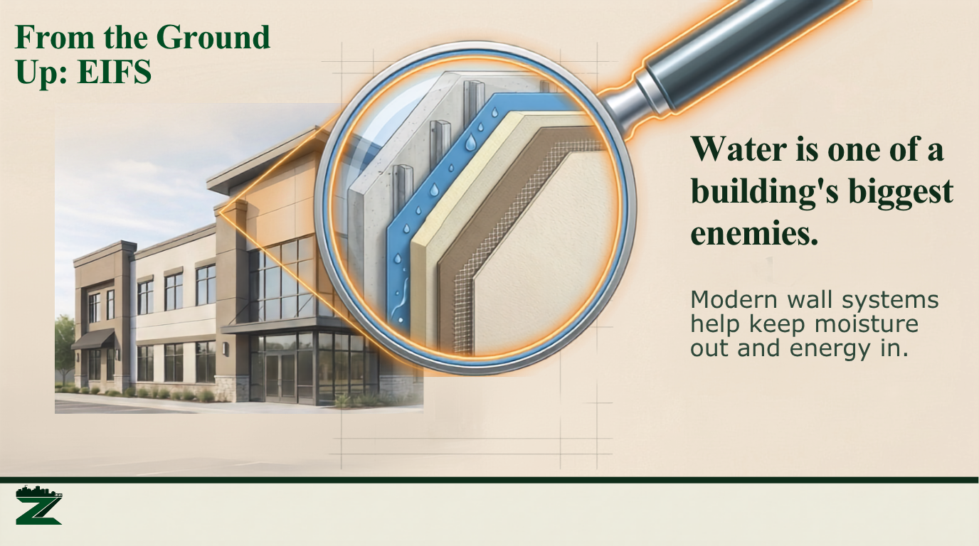 Illustration of an EIFS wall system showing layered moisture protection and insulation behind a building exterior.