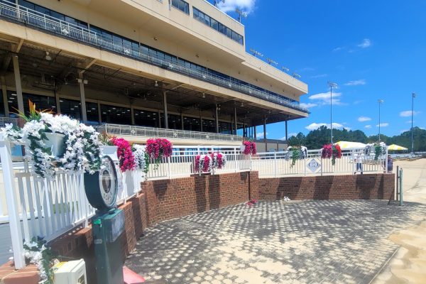 Grandstand at Colonial Downs Racetrack in New Kent County, Virginia, viewed from the trackside area.