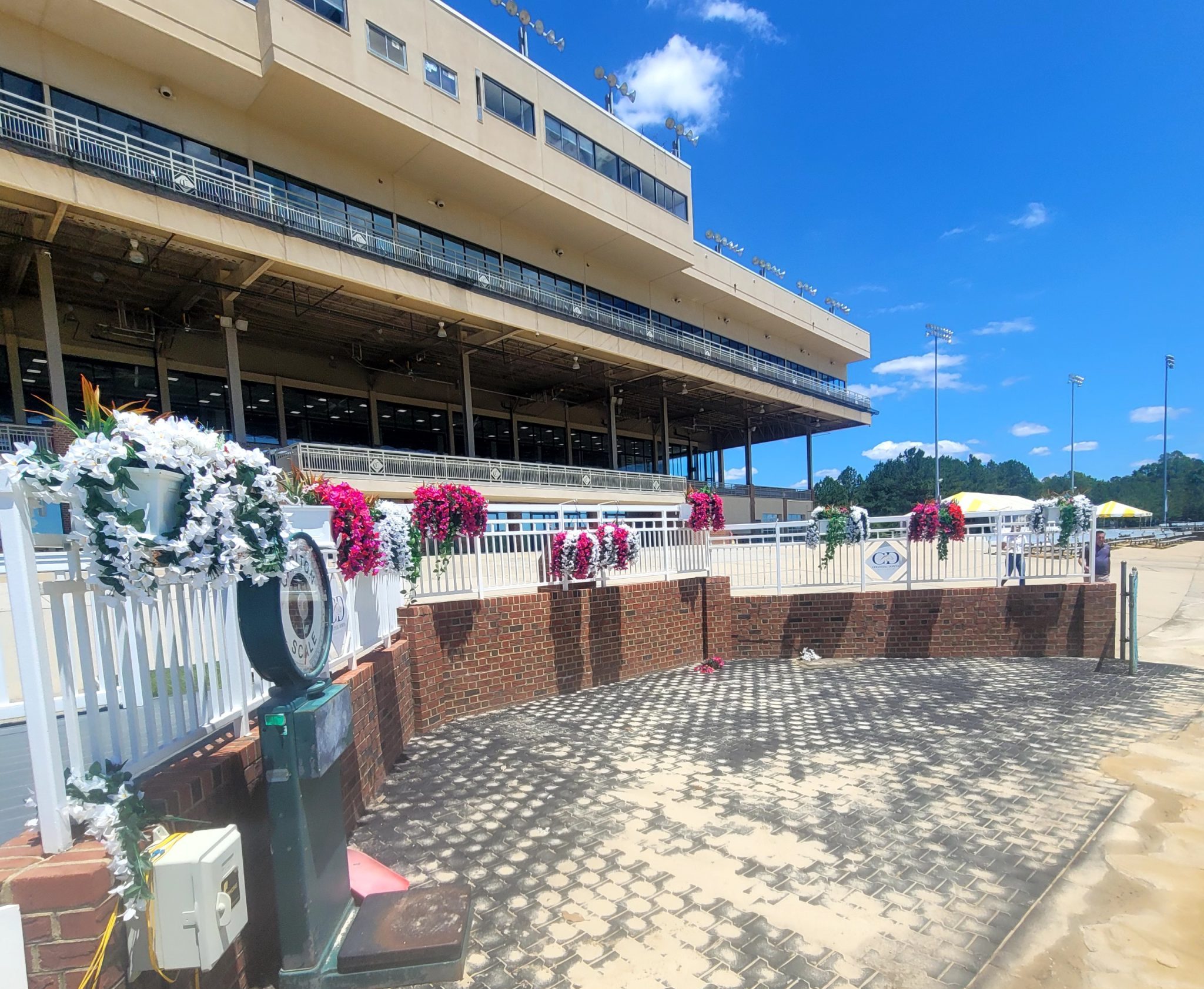 Grandstand at Colonial Downs Racetrack in New Kent County, Virginia, viewed from the trackside area.