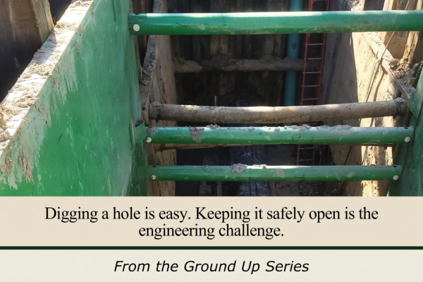 Temporary sheeting and shoring system supporting a deep utility excavation during construction. Temporary sheeting and shoring system supporting a deep utility excavation during construction.